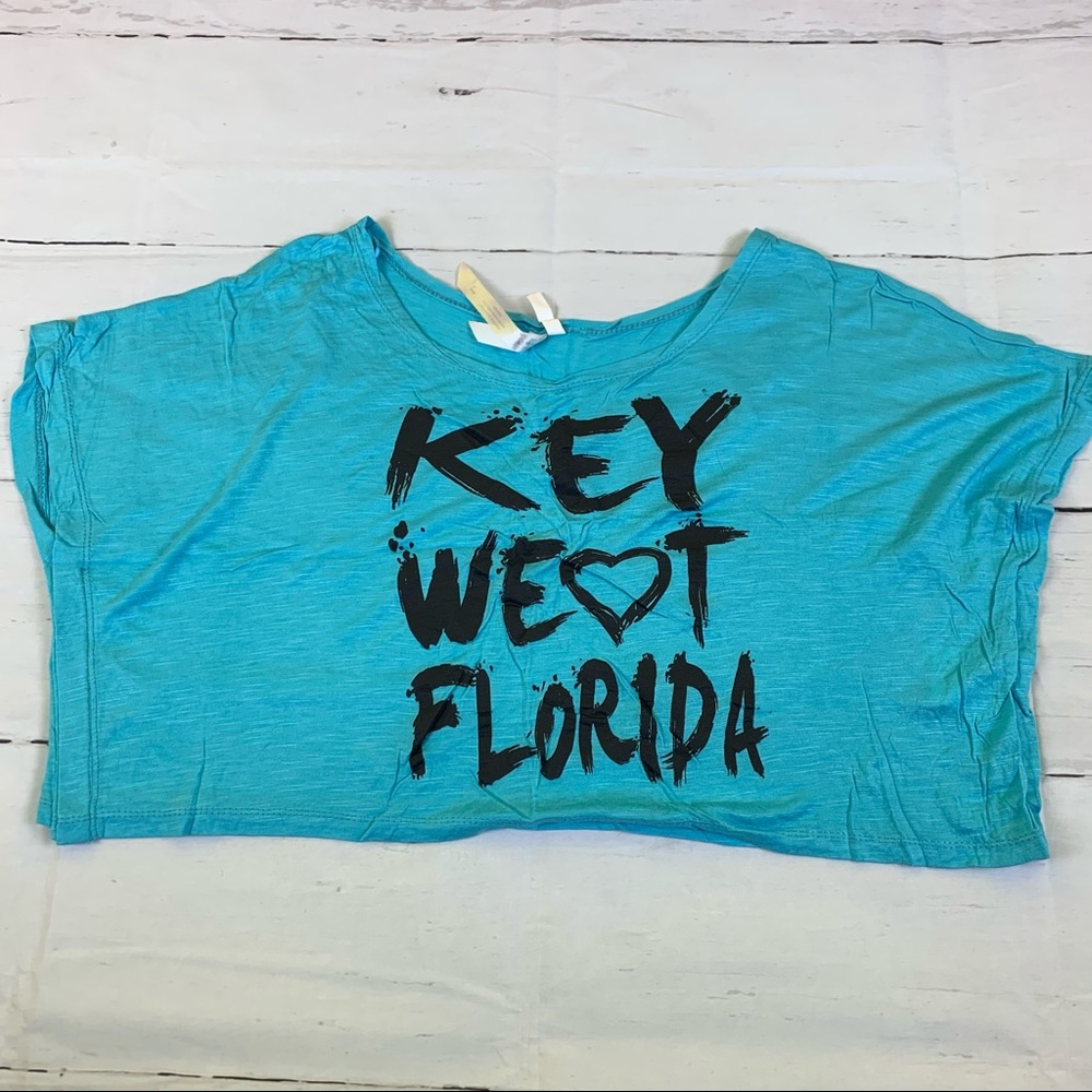 Exist Key West Florida Large L blue cropped short top tee t-shirt stretchy sport